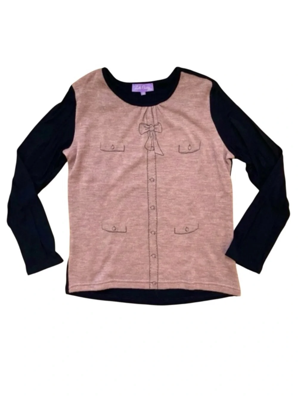 4/$25 Luella Couture Paris Knit Front Long Sleeve Sweater Girls Sz 12 Pink Black